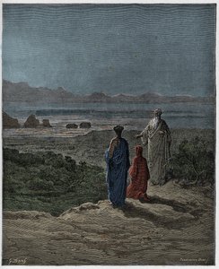 Purgatorio, Canto 1: Dante se arrodilla ante Estacio, ilustración de La Divina Comedia de Dante Alighieri, 1885